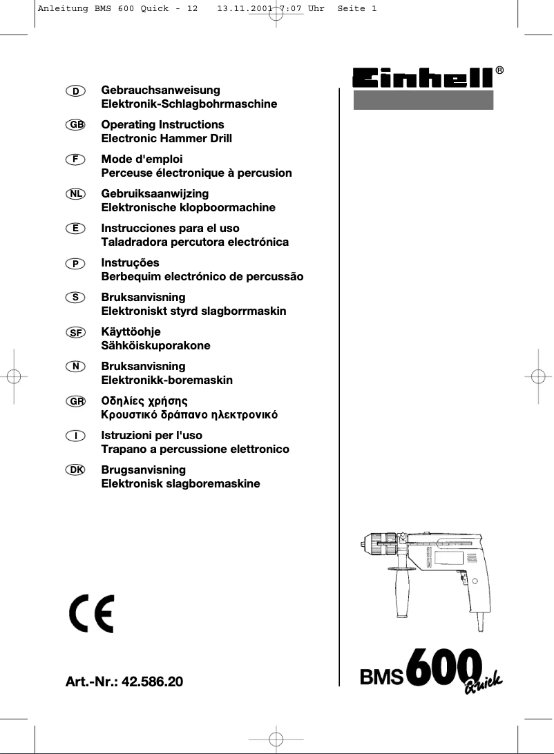 Page 1 de la notice Manuel utilisateur Einhell BMS 600 QUICK