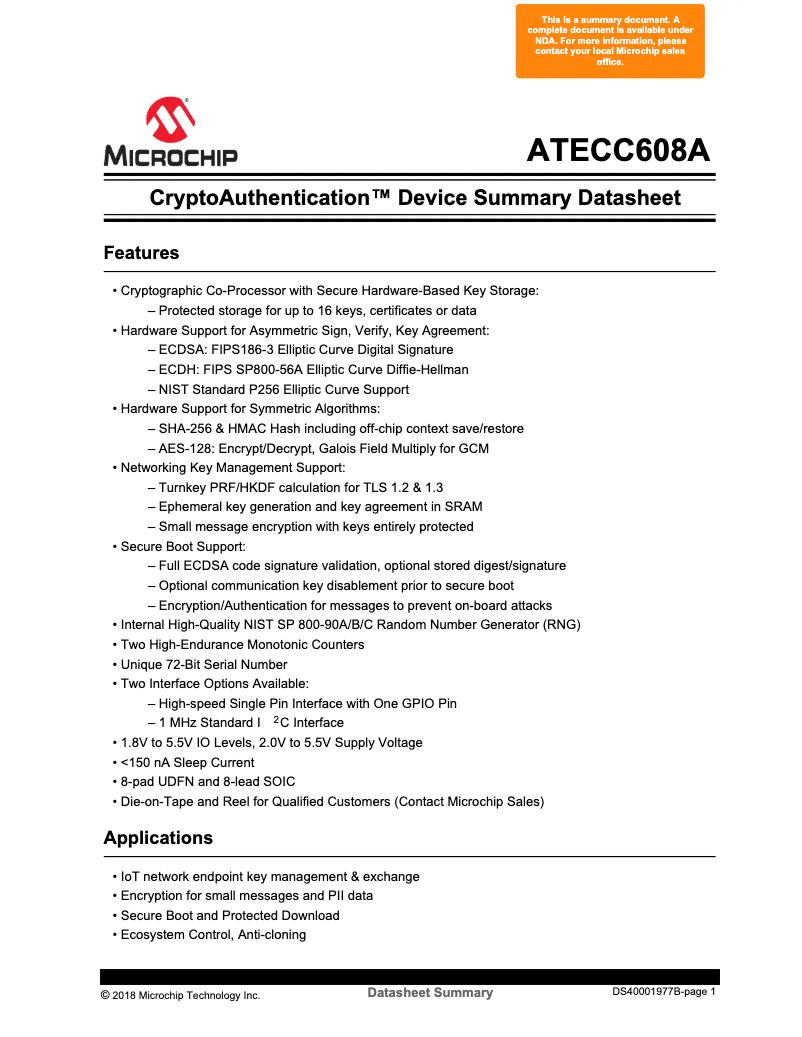 Page 1 de la notice Manuel utilisateur Microchip ATECC608A-TCSM