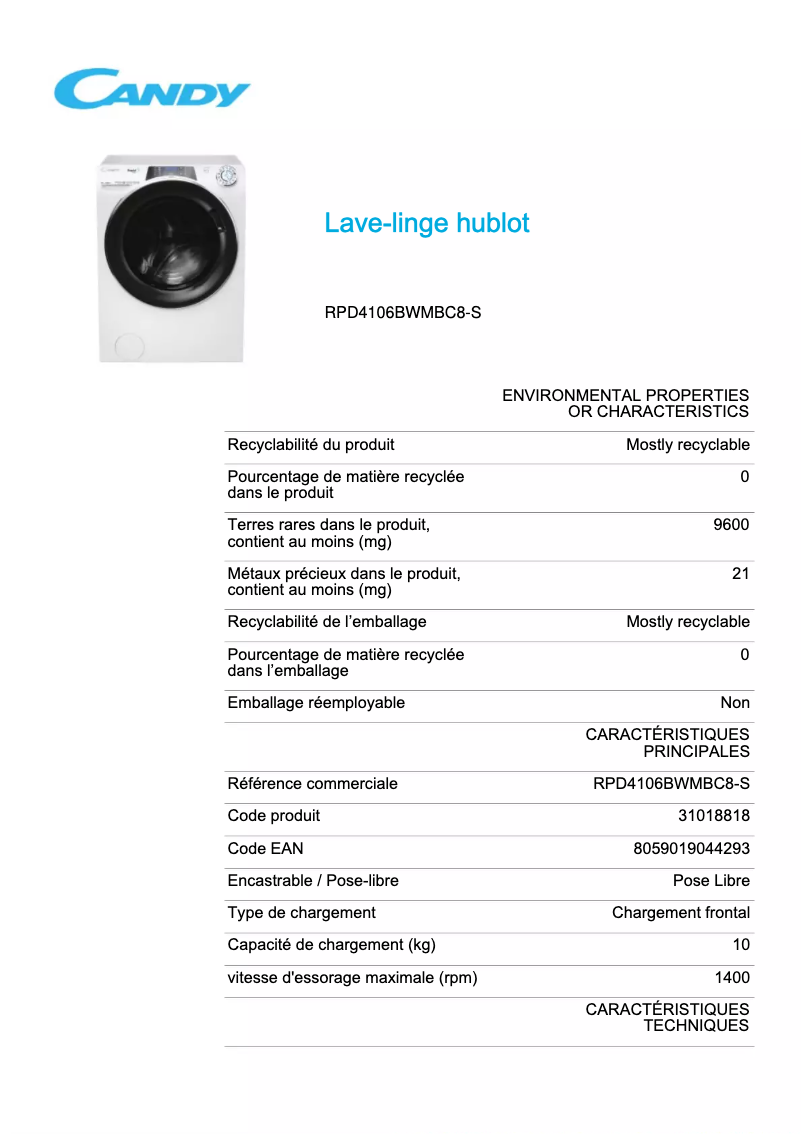 Page 1 de la notice Fiche technique Candy RPD4106BWMBC8-S
