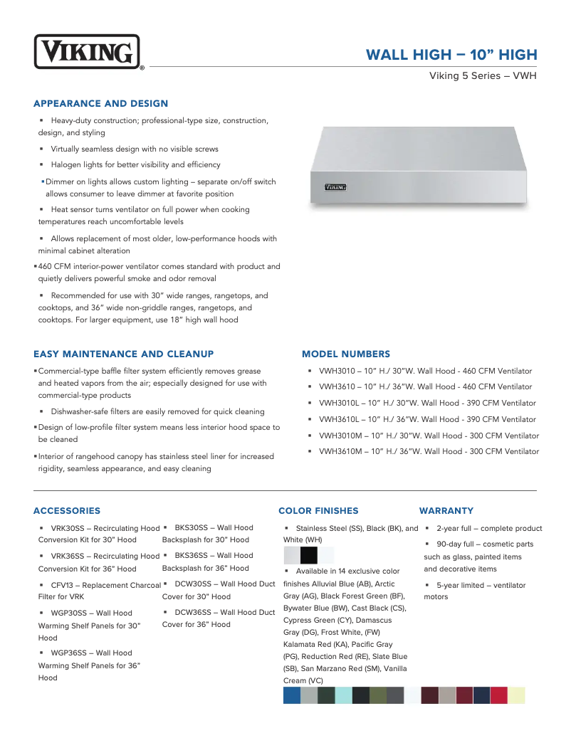 Page 1 de la notice Fiche technique Viking VWH3610