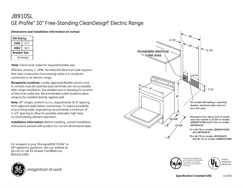 Page n°1 - Fiche technique GE Profile JB910SLSS