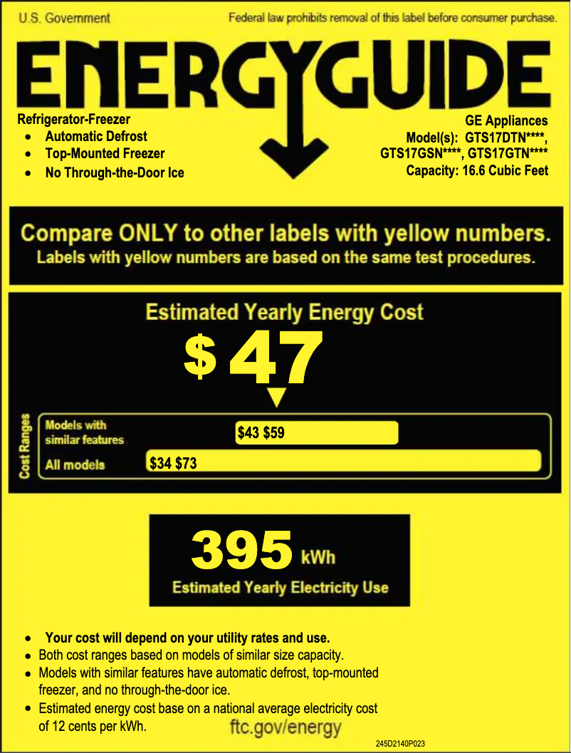 Page 1 de la notice Label énergétique GE GTS17DTNRBB