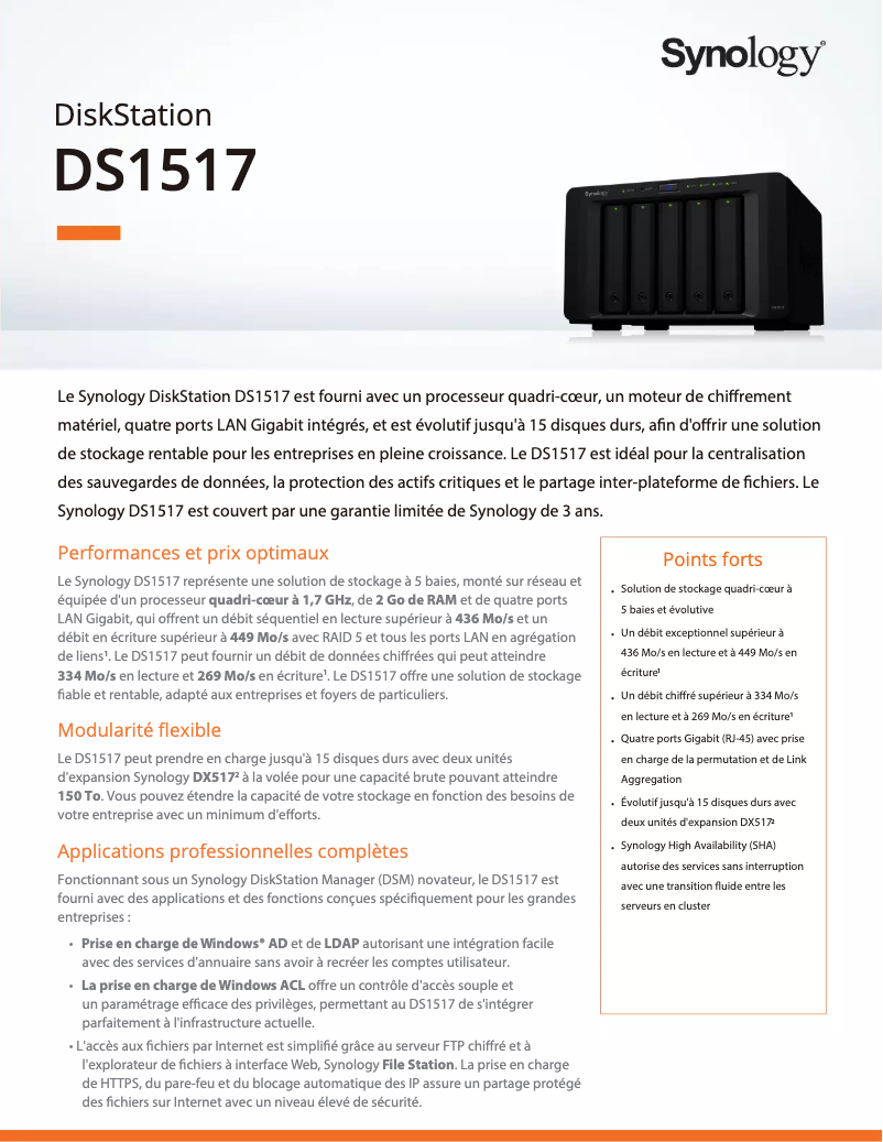 Page 1 de la notice Fiche technique Synology DiskStation DS1517