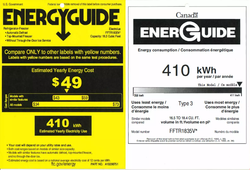 Página 1 del manual Etiqueta energética Frigidaire FFTR1835VS
