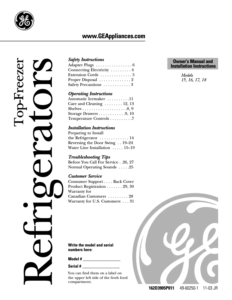 Page 1 de la notice Guide d'installation GE GTH15BBRLWW