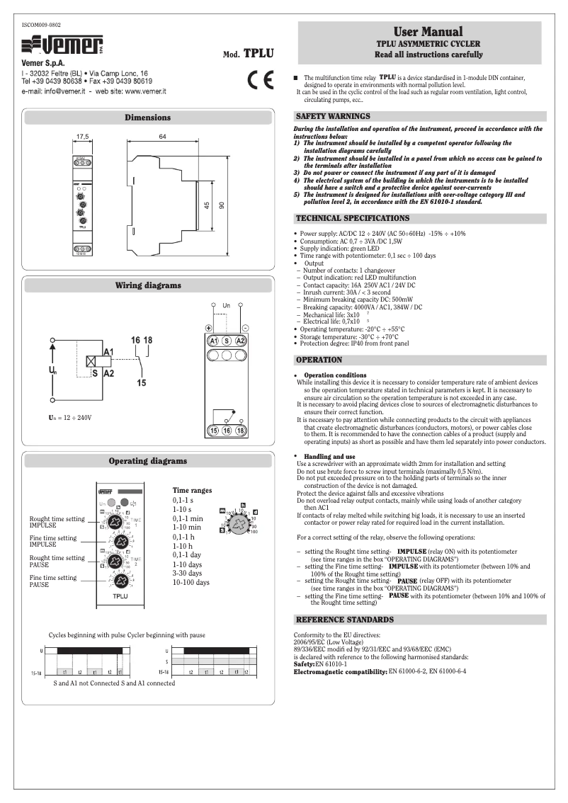 Page 1 de la notice Manuel utilisateur Vemer TPLU