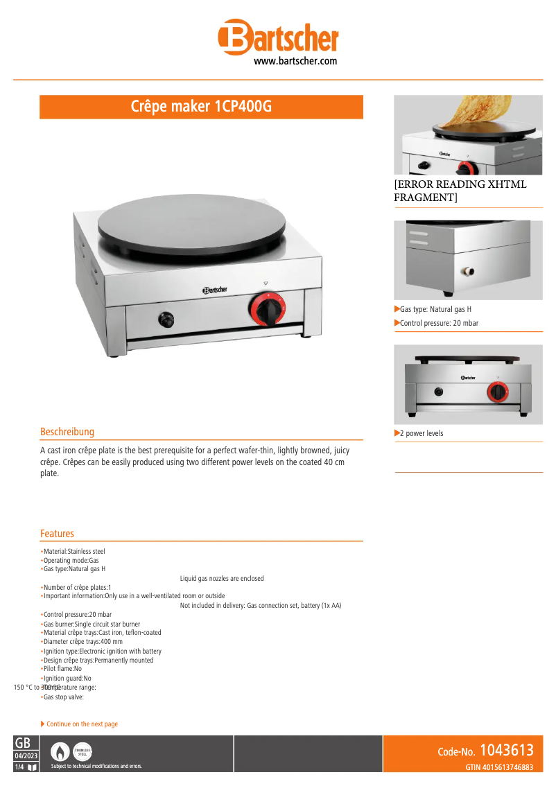 Page 1 de la notice Fiche technique Bartscher 1CP400G