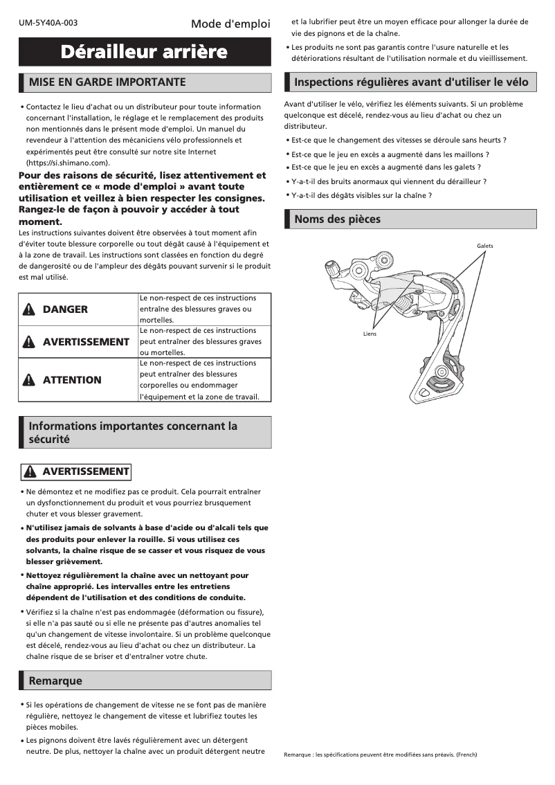 Page 1 de la notice Manuel utilisateur Shimano RD-R8000-GS