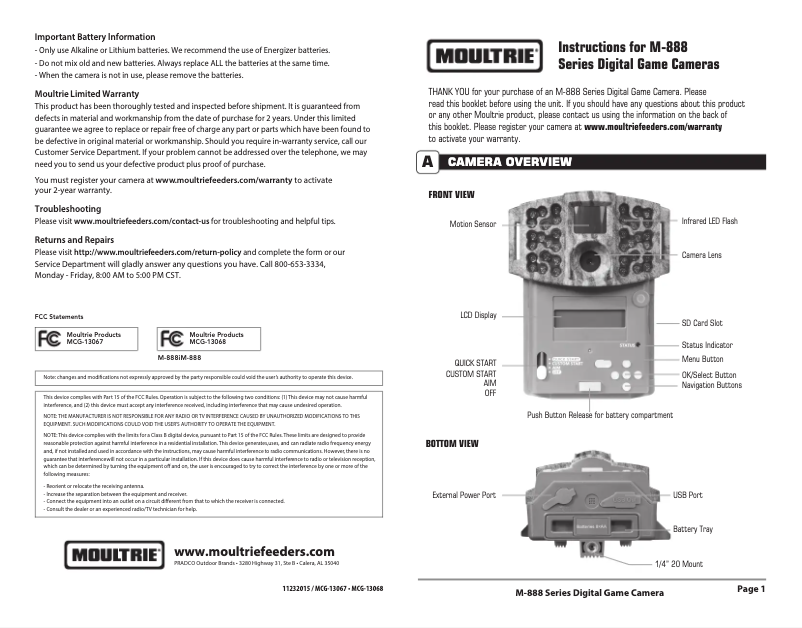 Page 1 de la notice Manuel utilisateur Moultrie M-888i