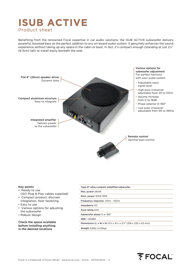 Page 1 de la notice Fiche technique Focal ISUB Active
