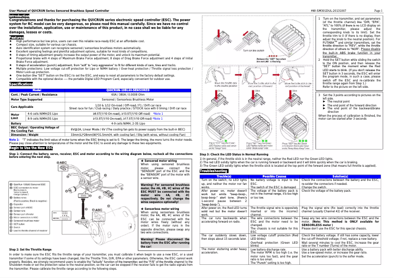 Page n°1 - Manuel utilisateur Hobbywing QUICRUN Series Sensored Brushless Speed Controller