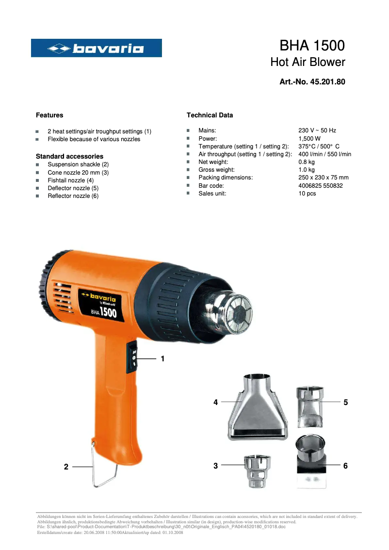 Page n°1 - Manuel utilisateur Bavaria BHA 1500