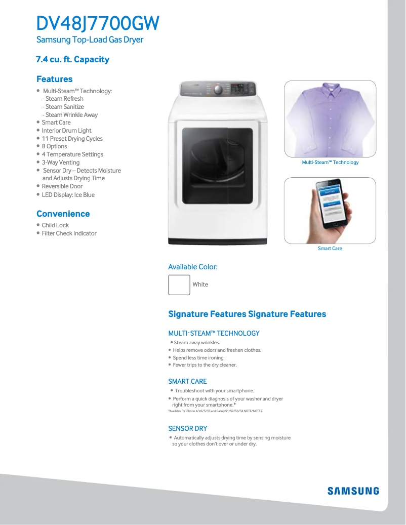 Page n°1 - Fiche technique Samsung DV48J7700G