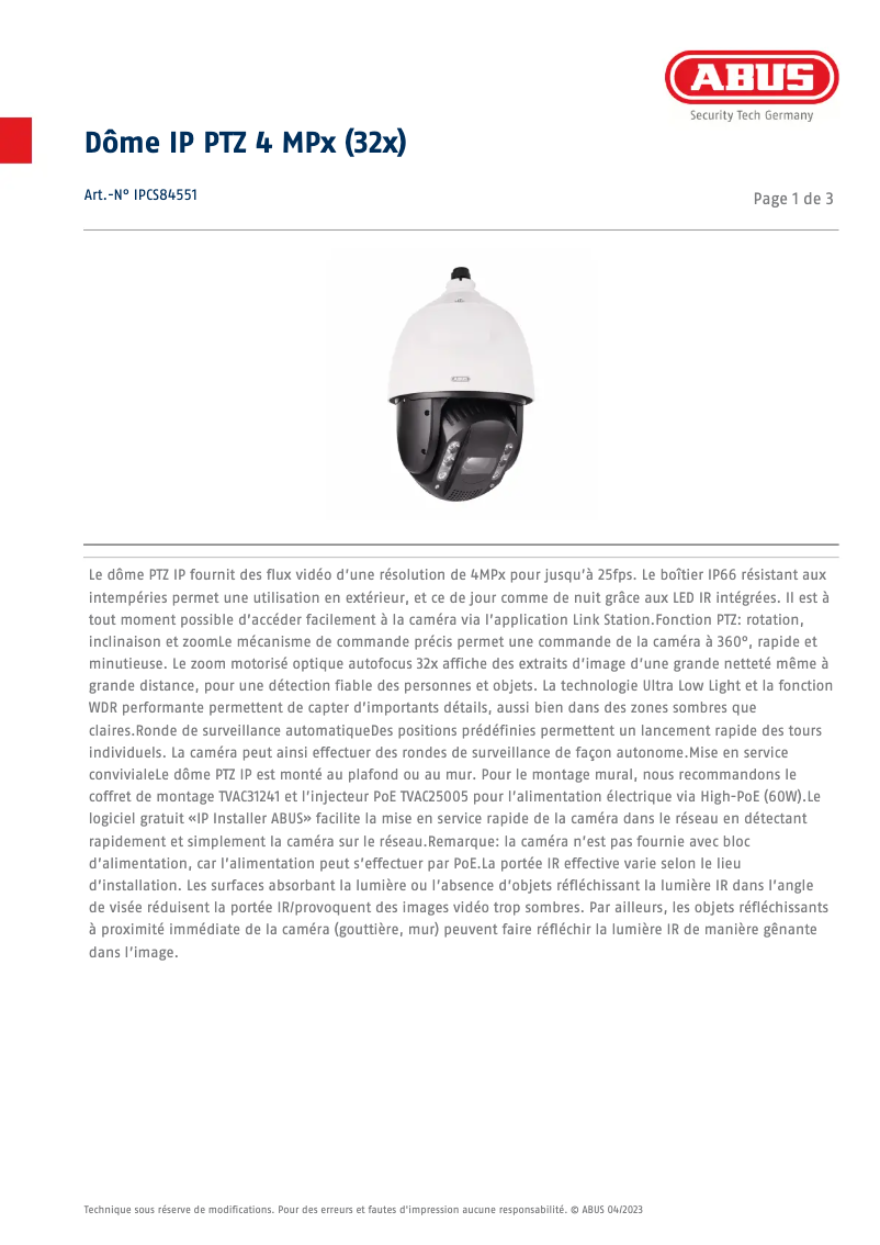 Page 1 de la notice Fiche technique Abus IPCS84551