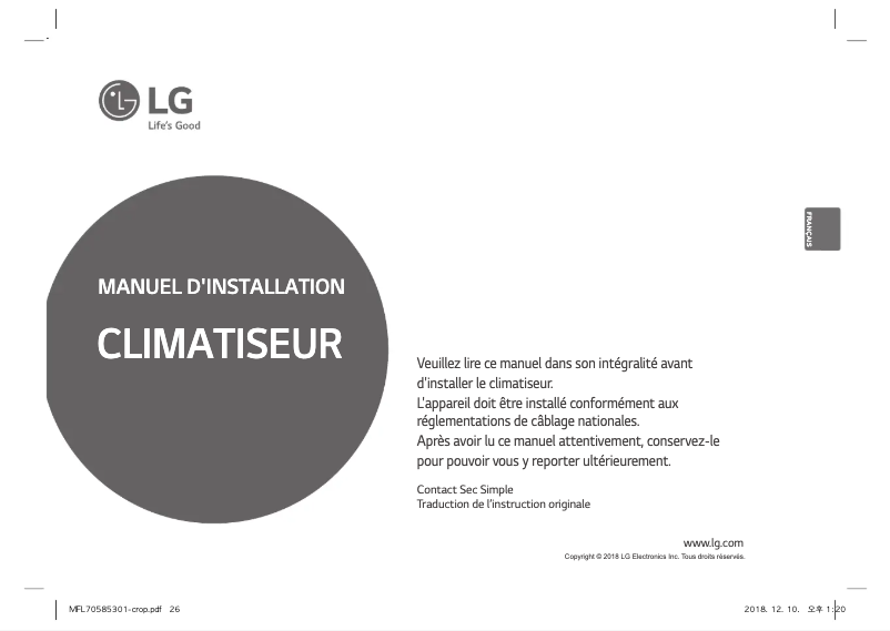Page n°1 - Guide d'installation LG PDRYCB000