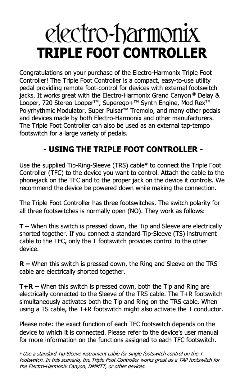 Page 1 de la notice Manuel utilisateur Electro Harmonix Triple Foot Controller