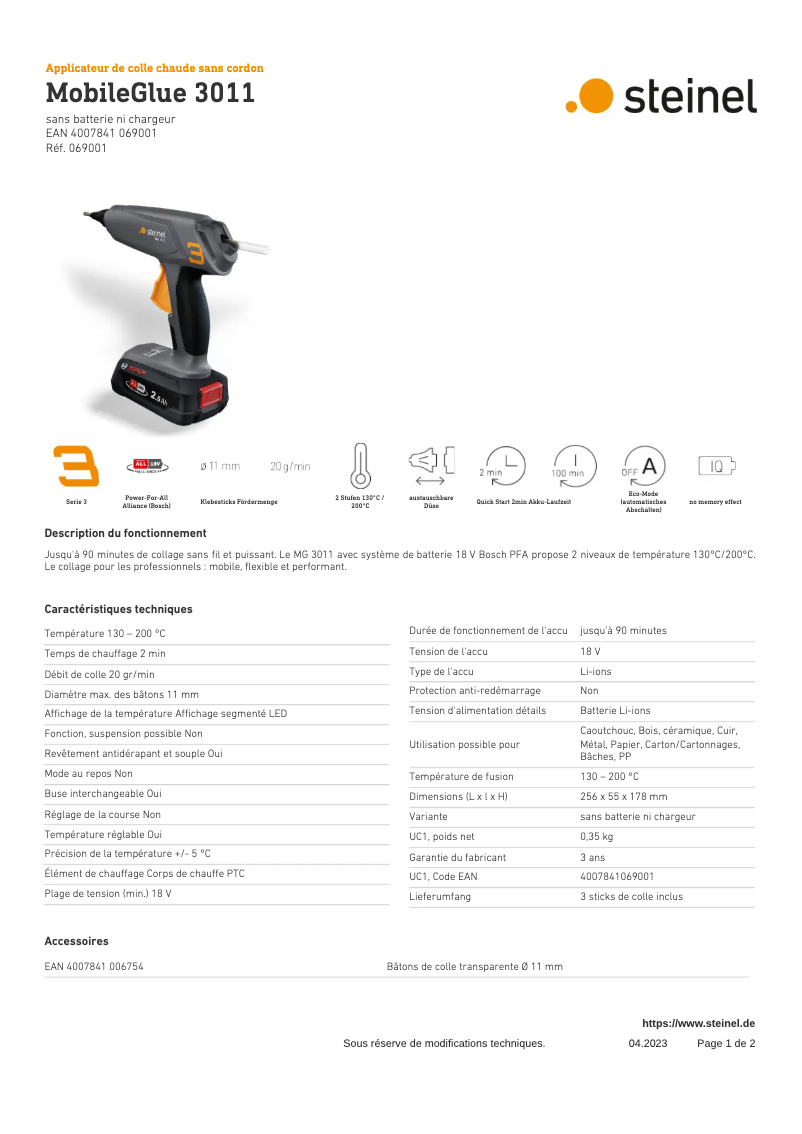 Page n°1 - Fiche technique Steinel MobileGlue 3011