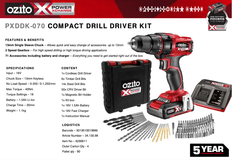 Página 1 del manual Ficha técnica Ozito PXDDK-070