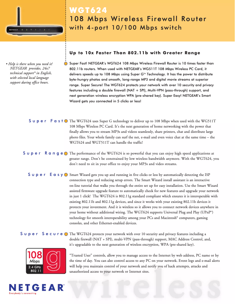 Page 1 de la notice Fiche technique Netgear WGT624v2