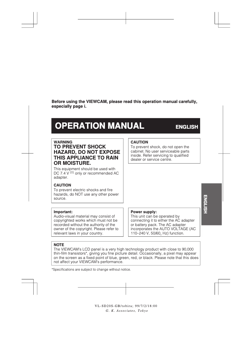 Page n°1 - Manuel utilisateur Sharp VL-SD20S