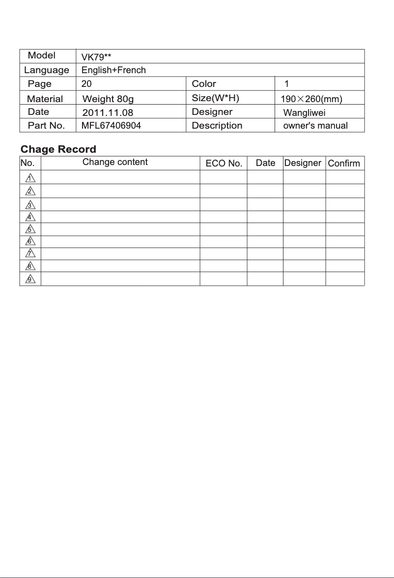 Page 1 de la notice Manuel utilisateur LG VC9067NT