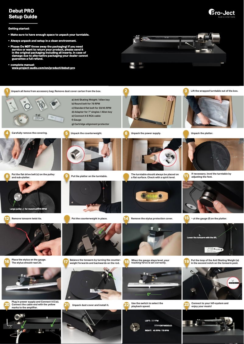 Page 1 de la notice Guide de démarrage rapide Pro-Ject Debut PRO