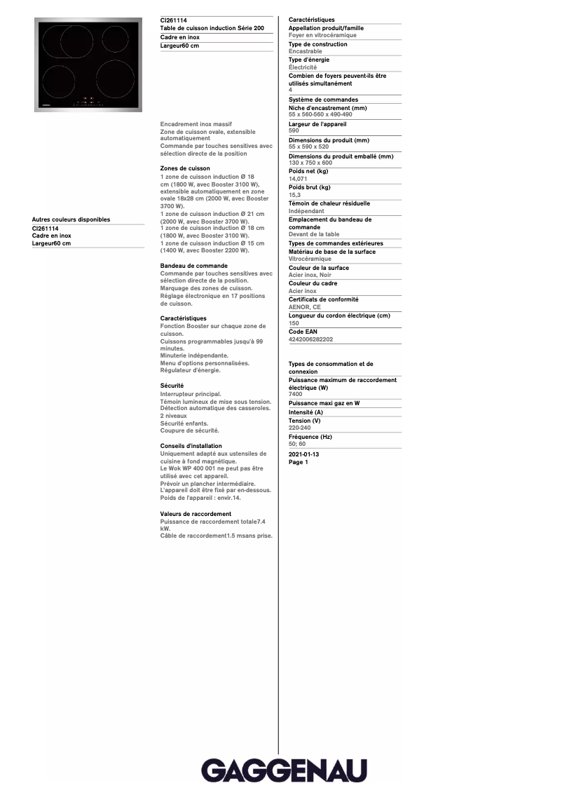 Page 1 de la notice Fiche technique Gaggenau CI261114