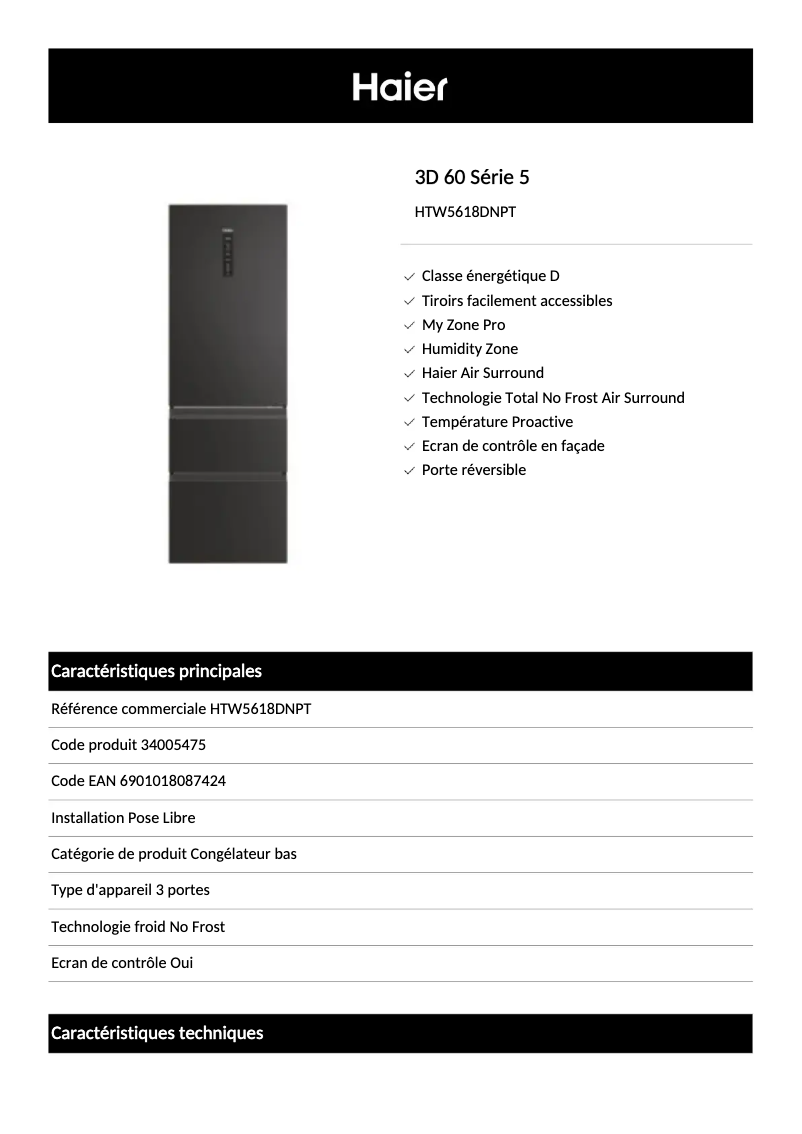 Page 1 de la notice Fiche technique Haier HTW5618DNPT