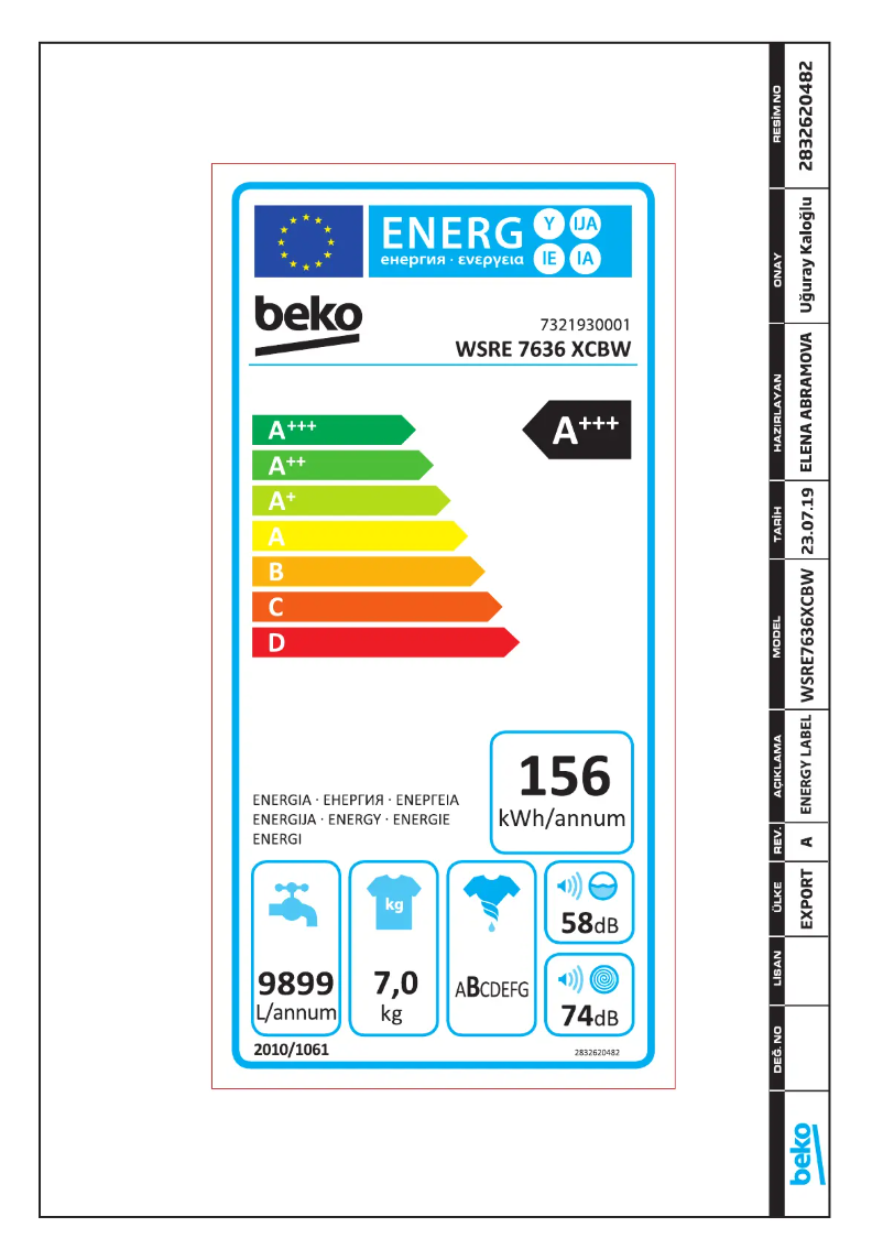 Page 1 de la notice Label énergétique Beko WSRE 7636 XCBW