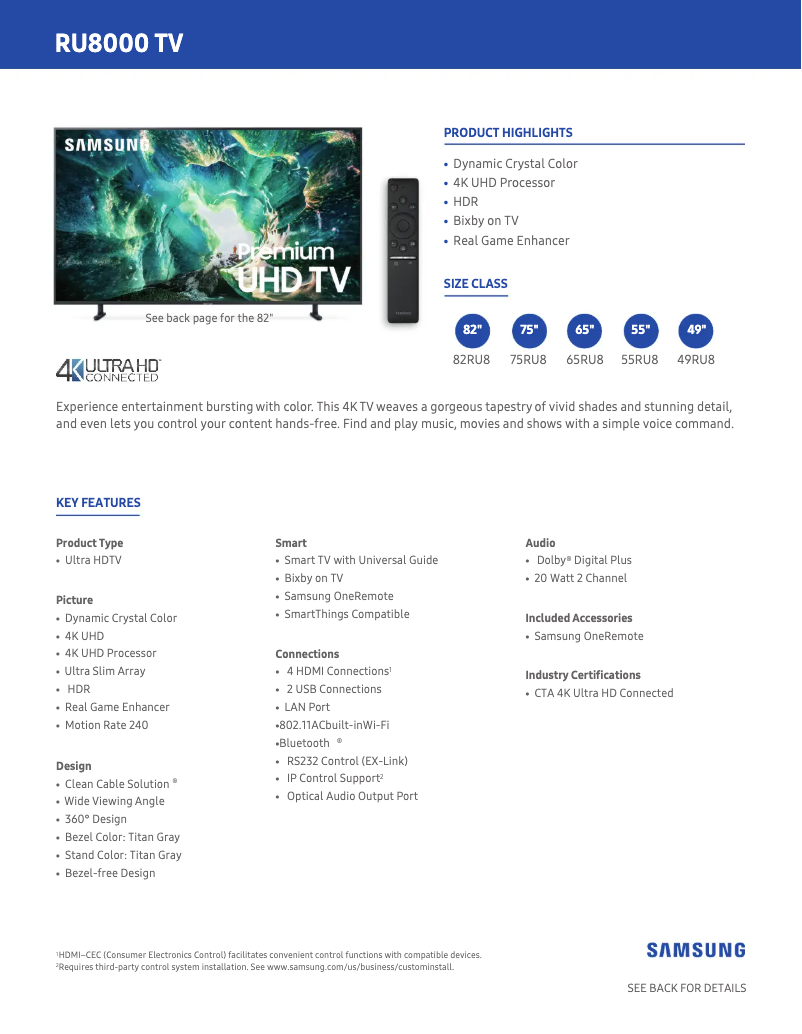 Page 1 de la notice Fiche technique Samsung Series 8 UN82RU8000FXZA