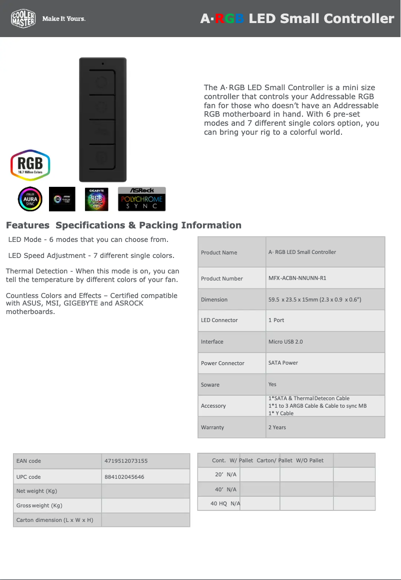 Page n°1 - Manuel utilisateur Cooler Master A-RGB LED Small Controller