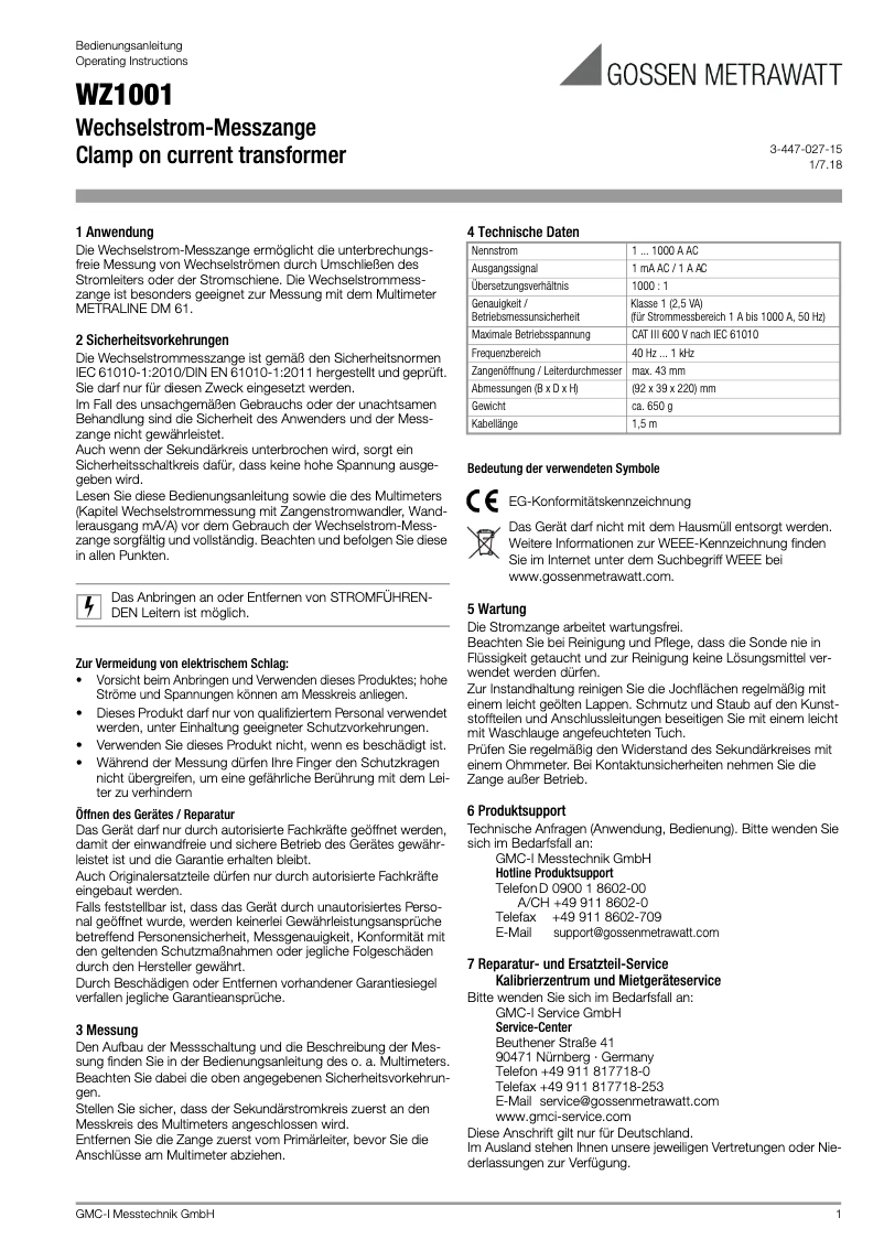 Page 1 de la notice Manuel utilisateur Gossen Metrawatt WZ1001