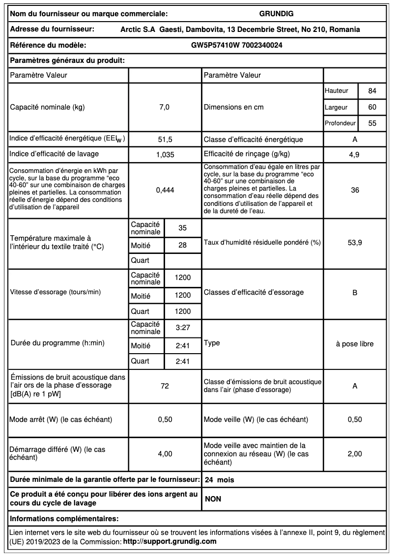 Page 1 de la notice Fiche technique Grundig GW5P57410W