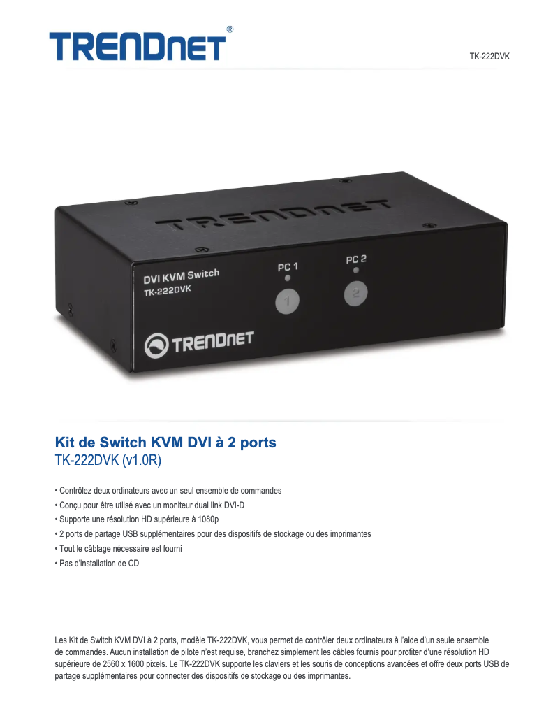 Page 1 de la notice Fiche technique TRENDnet TK-222DVK