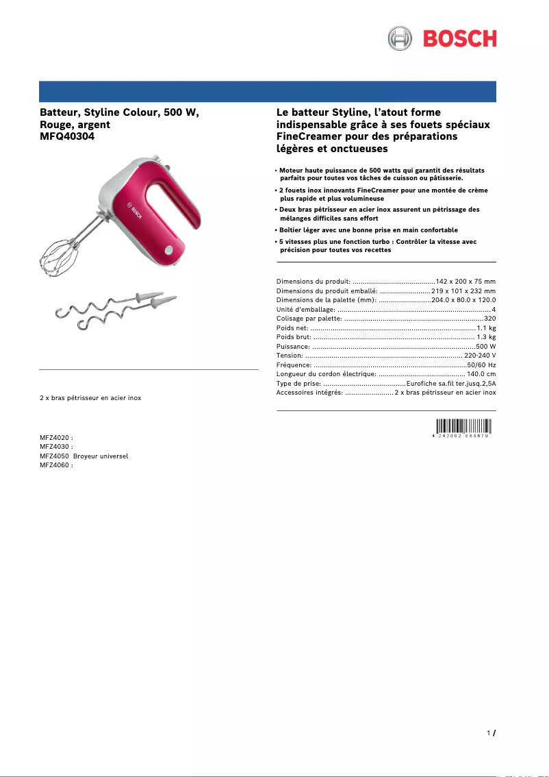 Page n°1 - Fiche technique Bosch MFQ40304