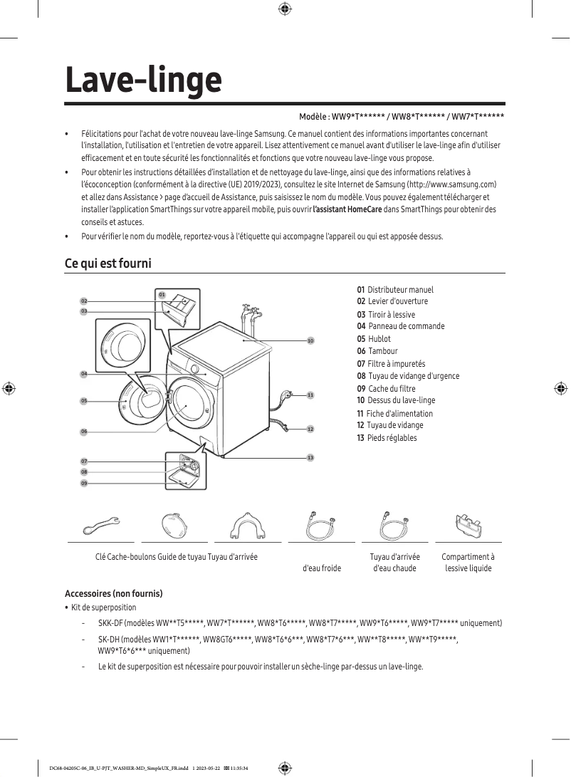 Page 1 de la notice Guide d'installation Samsung WW90T654DLE