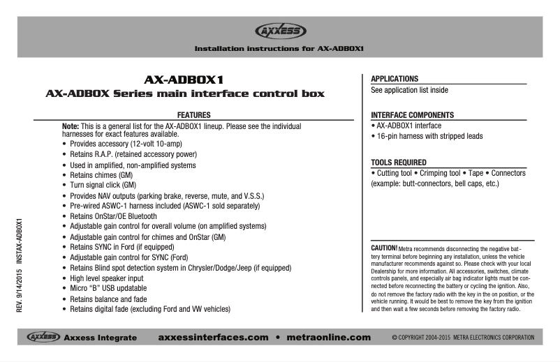 Page 1 de la notice Manuel utilisateur Axxess AX-ADBOX1