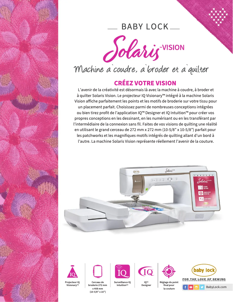 Page 1 de la notice Fiche technique Baby Lock Solaris Vision