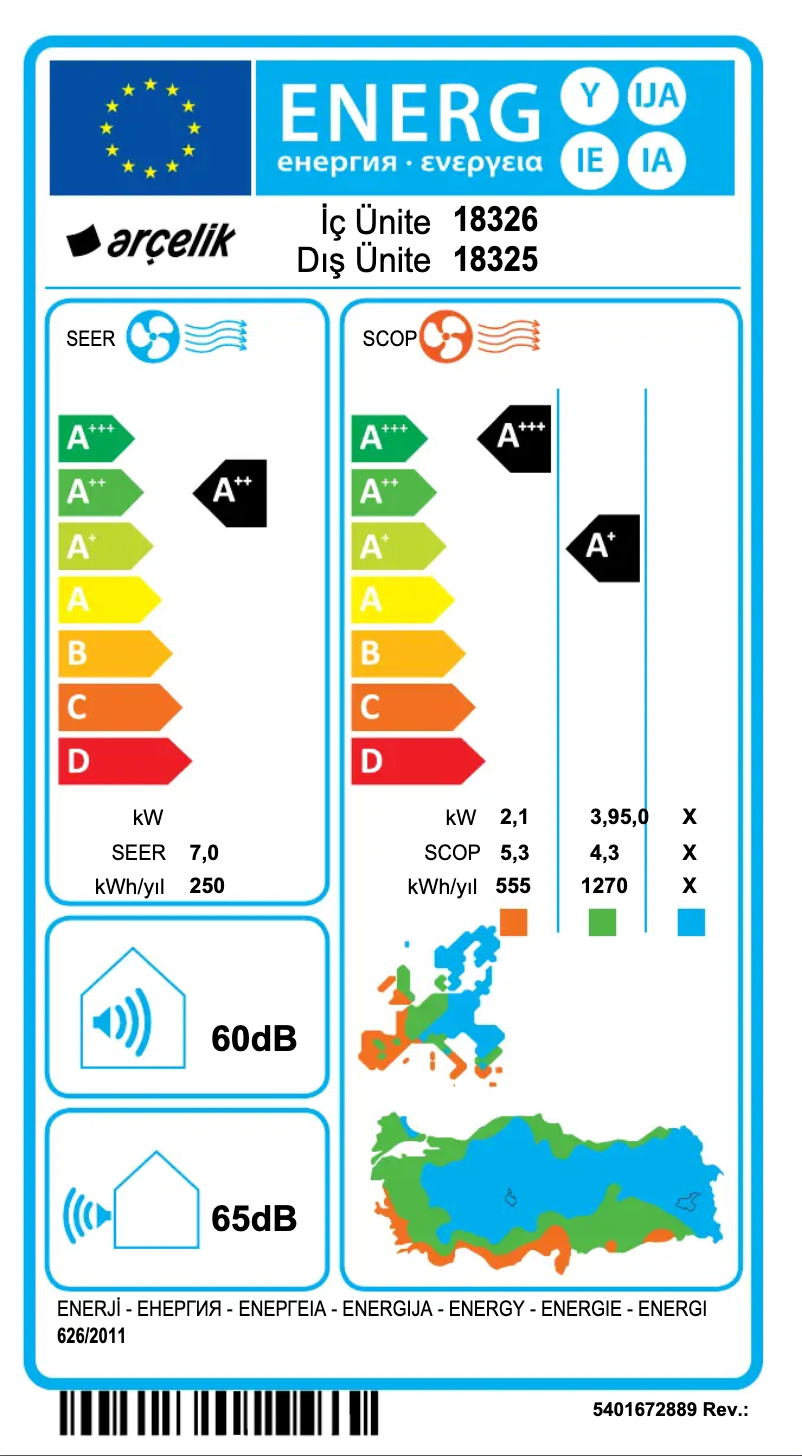 Page 1 de la notice Label énergétique Arçelik 18325