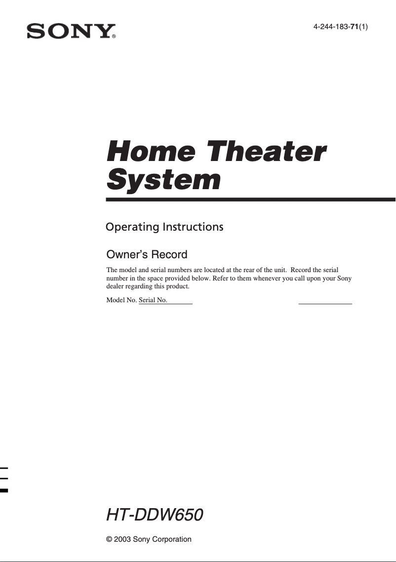 Page 1 de la notice Manuel utilisateur Sony HT-V1000DP