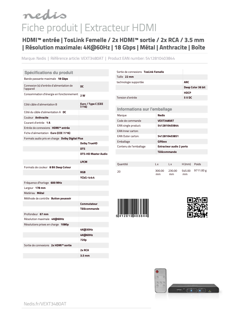 Page 1 de la notice Manuel utilisateur Nedis VEXT3480AT