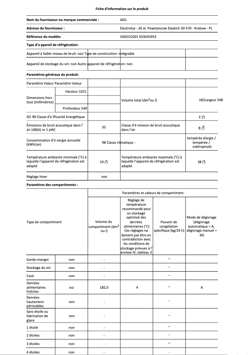 Page n°1 - Fiche technique AEG OSK5O10ES
