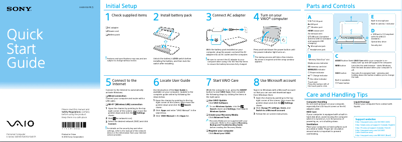 Page n°1 - Guide d'installation Sony Vaio SVE15125CXW