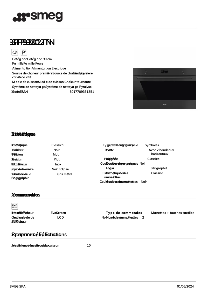 Page 1 de la notice Fiche technique Smeg SFP9302TN