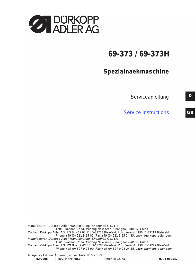 Page 1 de la notice Manuel utilisateur Dürkopp Adler 69-373