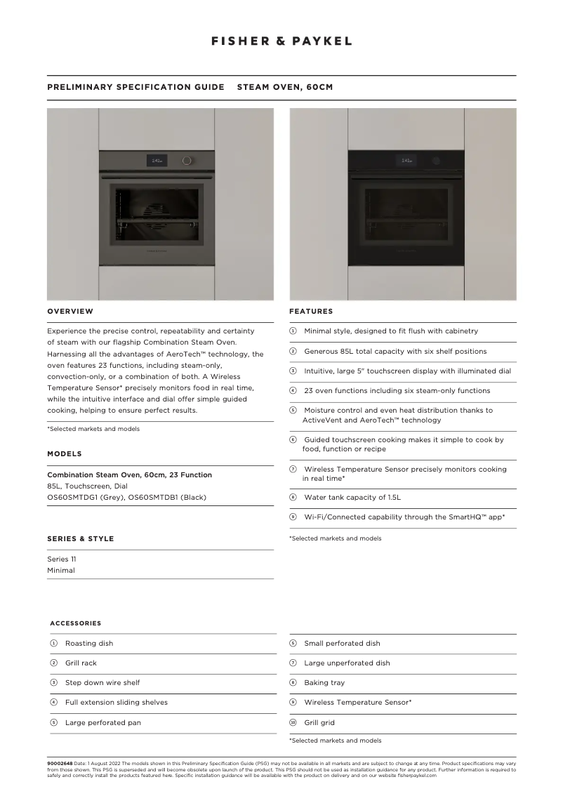 Page 1 de la notice Fiche technique Fisher & Paykel OS60SMTDG1