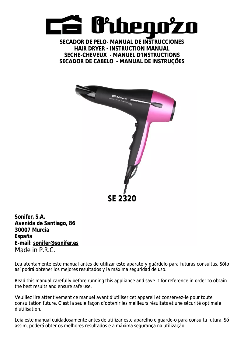 Page n°1 - Manuel utilisateur Orbegozo SE 2320