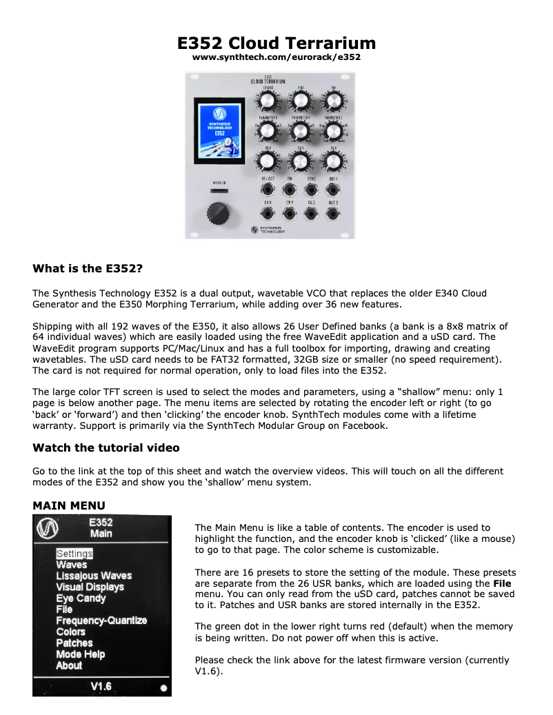 Page 1 de la notice Manuel utilisateur Synthesis Technology E352 Cloud Terrarium