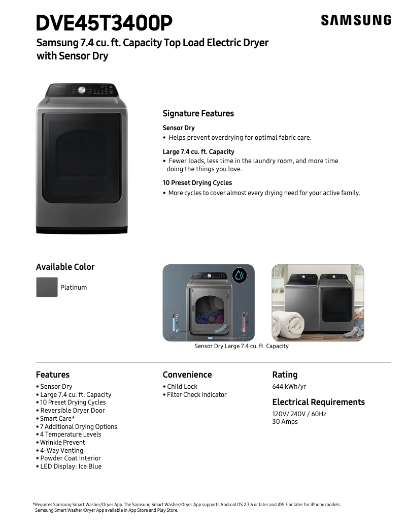 Page 1 de la notice Fiche technique Samsung DVE45T3400P