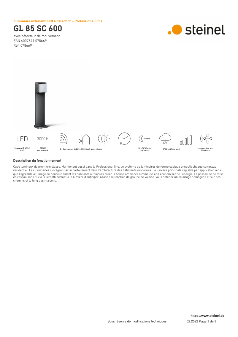 Page 1 de la notice Fiche technique Steinel GL 85 SC 600